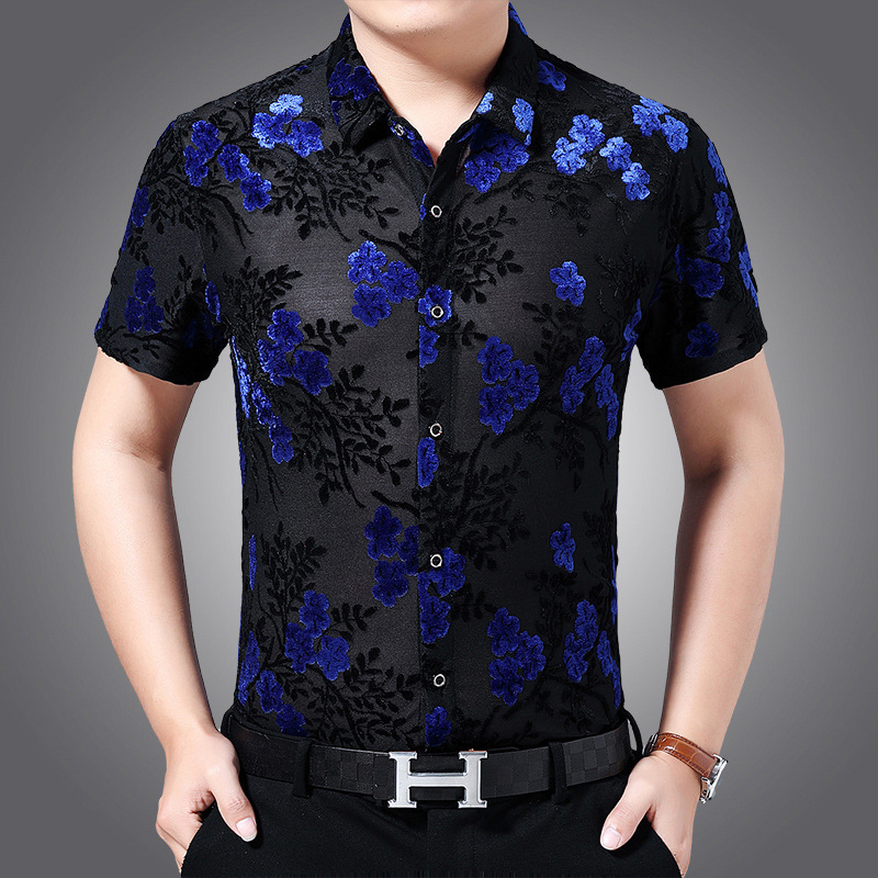 Summer Thin Short-Sleeve Shirt for Young and Middle-Aged Men, Velvet Hollow Floral Shirt, Loose Slim-Fit Nightclub Men's Fashion