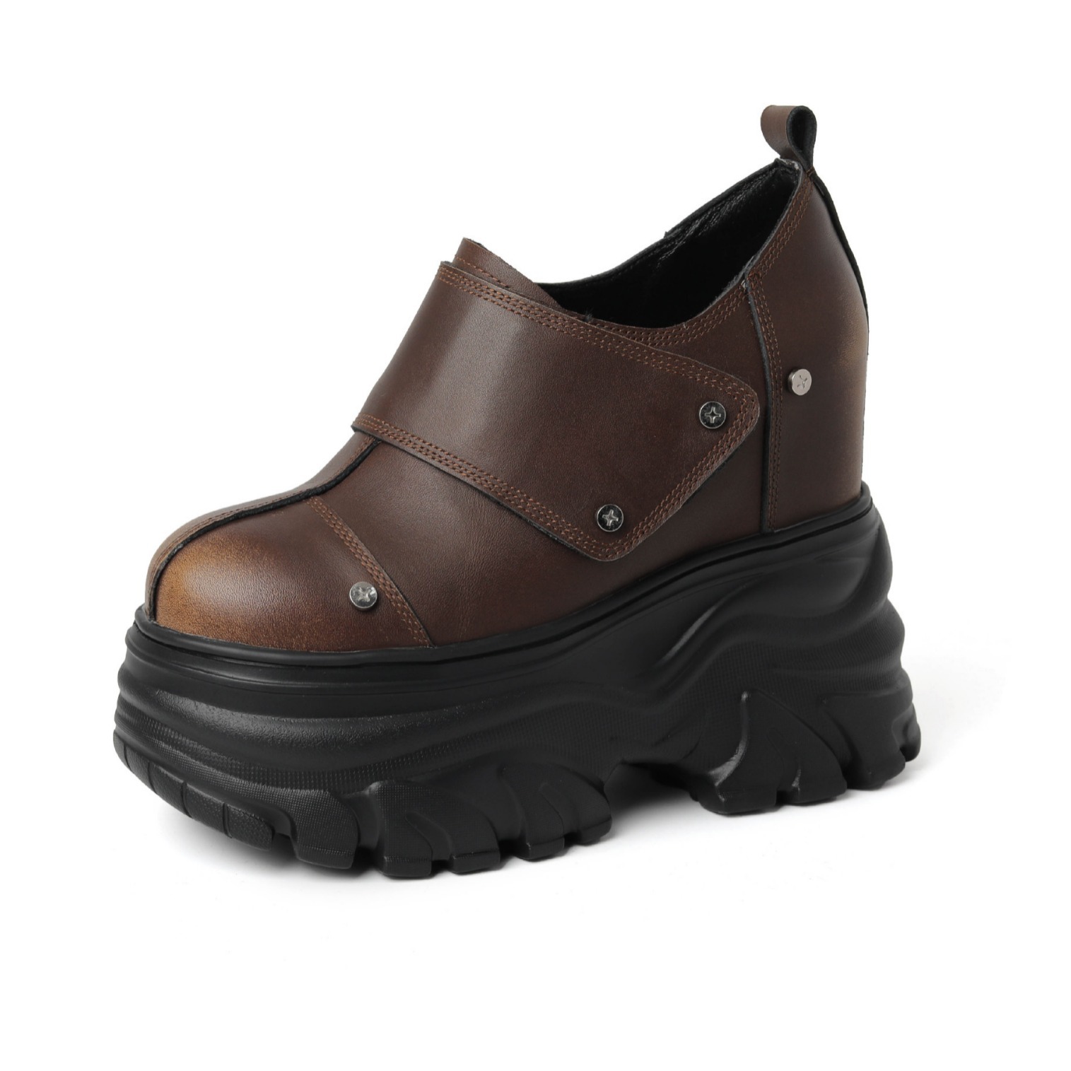 Giày cao gót nữ platform đế dày da thật cổ điển, gót 14 cm — Màu nâu