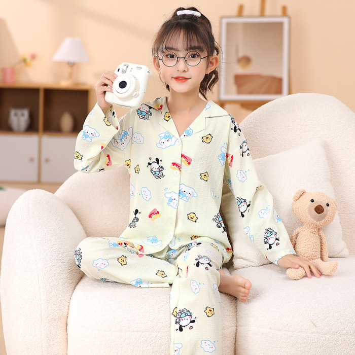 Pijamas infantiles primavera y otoño delgada espuma tela arrugada ropa para el hogar niñas dibujos animados aire acondicionado ventilado ropa de verano