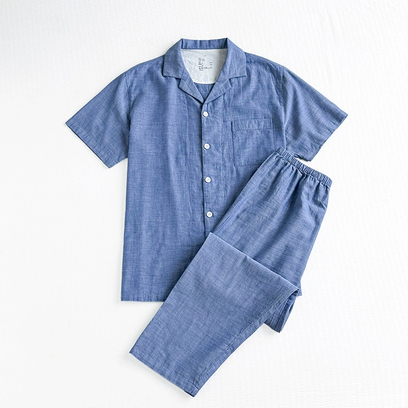 Двухслойная марлевая Пижама с короткими рукавами в японском стиле без принта, мужские и женские пижамные брюки из чистого хлопка, брюки без боковых швов, домашняя одежда