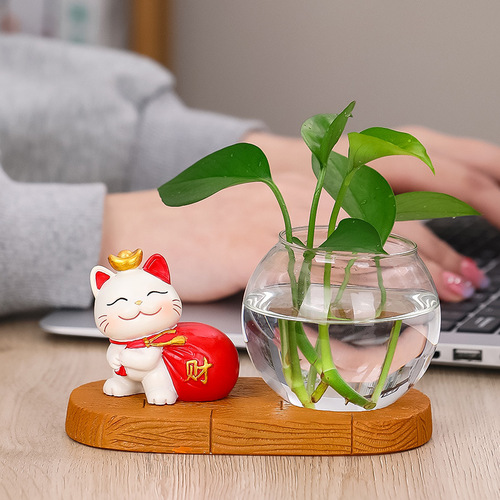 New Lucky Cat Hydroponics Creative Vase Utensils Vase Living Room Desktop Decoration Lucky Cat Green Radish Hydroponics