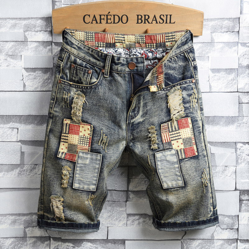 Ripped Patch Five-point Jeans Men's 2023 Trendy Brand Fashion Personality Trendy Shorts All-match Breeches Cross-border