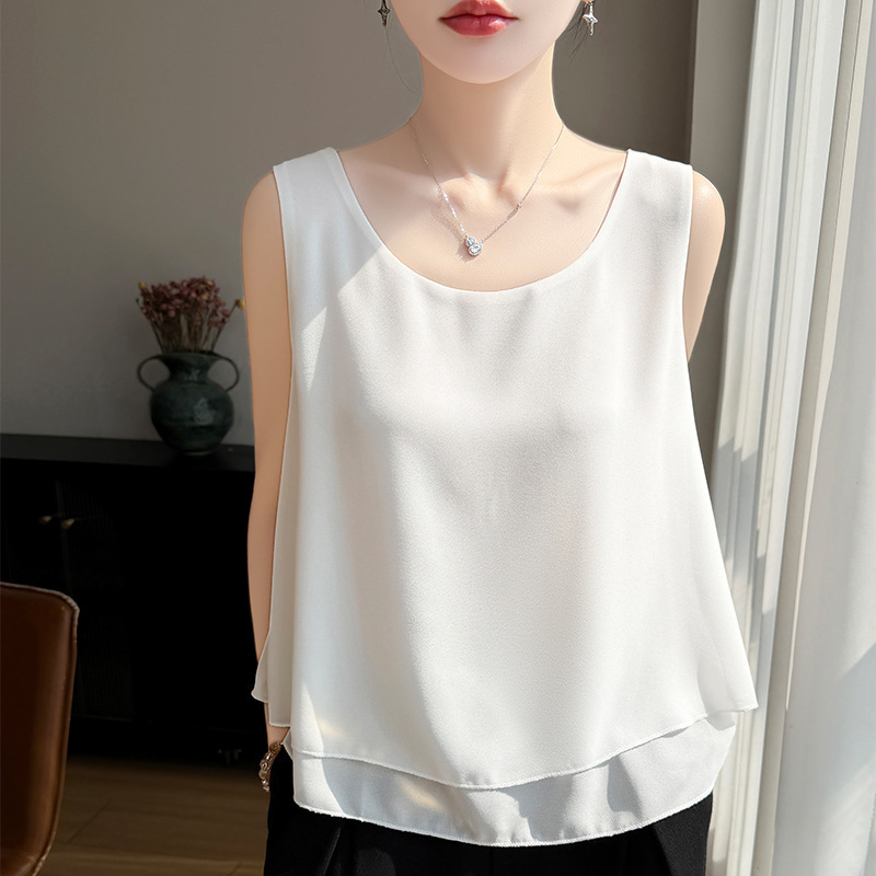 Silky Satin Wide-Shoulder Round-Neck Camisole for Women, New Summer Style, Versatile, Double-Layer Gauze Sleeveless Inner Top