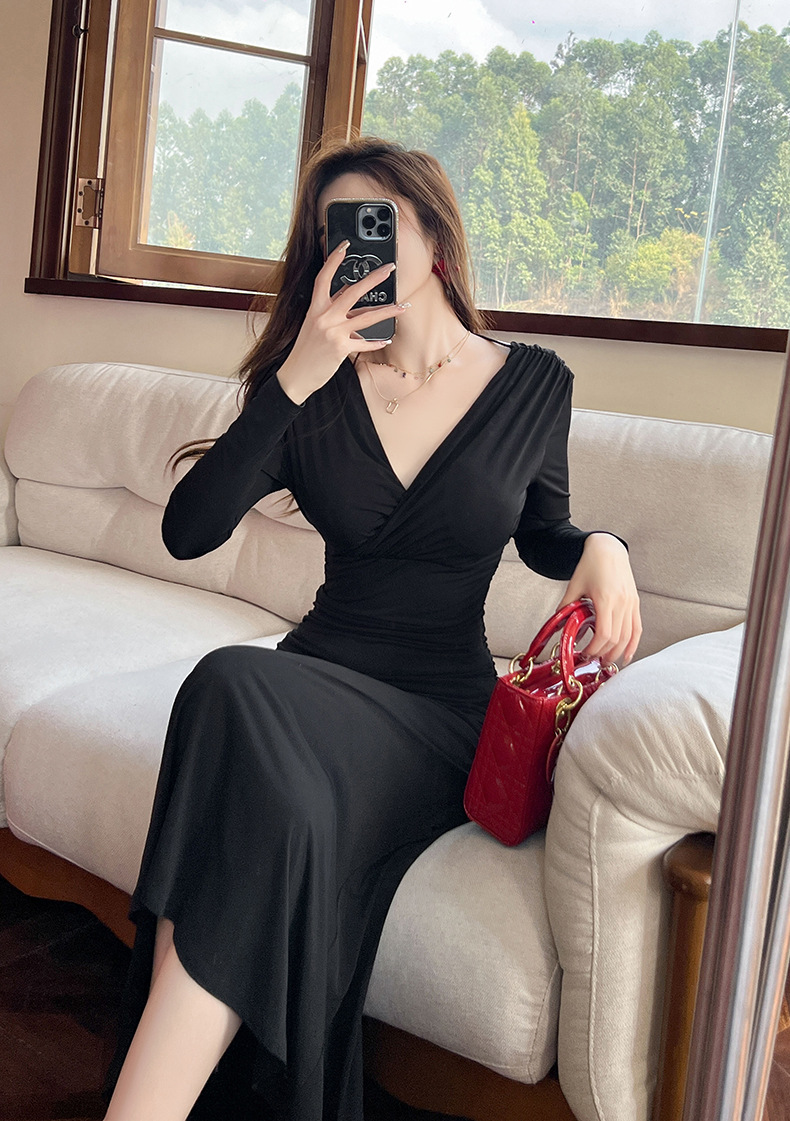 Đầm maxi nữ cổ chữ V thắt eo hở lưng phong cách Pháp — Màu đen chi tiết 12