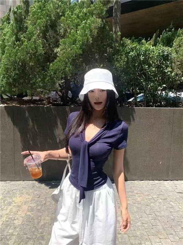 5150#韩系飘带V领短袖正肩T恤女带胸垫修身显瘦短款气质百搭上衣|undefined