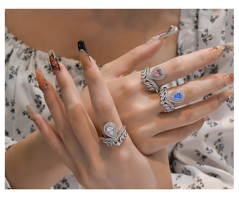 Fashion Water Droplets Sterling Silver Inlay Zircon Rings 1 Piece