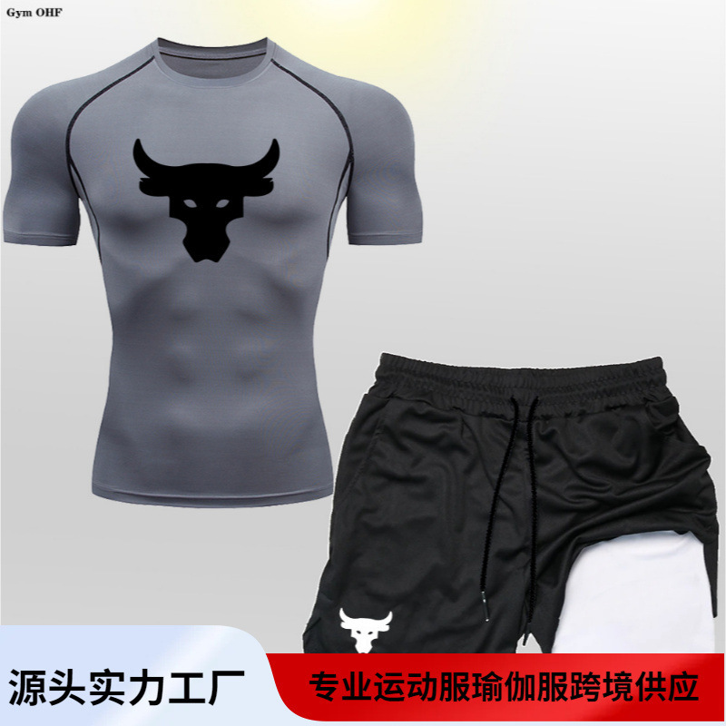 Ngau European and American Cross-border Men's 2-in -1 Double-layer Shorts Short-sleeved Top suit Outdoor Mountaineering Running Sportswear Ngau European and American Cross-border Men's 2-in -1 Double-layer Shorts Short-sleeved Top suit Outdoor Mountaineering Running Sportswear