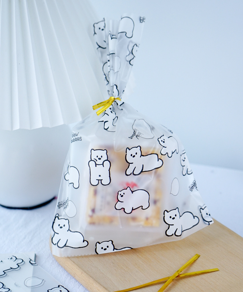50枚+扎丝 ins款可爱卡通白色小熊磨砂平口自立袋 西点包装饼干袋