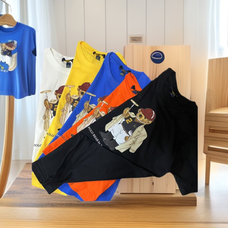 Japanese and Korean New Foreign Trade Rl Casual Pure Cotton Polo Bear Print Casual Boys' T-Shirt Girls' T-Shirt Children's Clothing Round Neck Style
