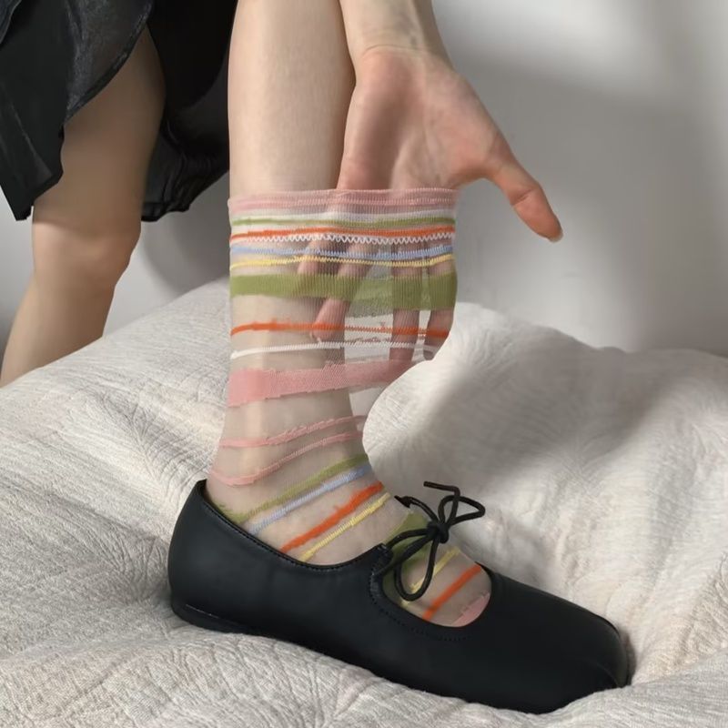 Women's rainbow striped retro Morandi color mesh slouch socks, spring/summer thin mid-calf socks