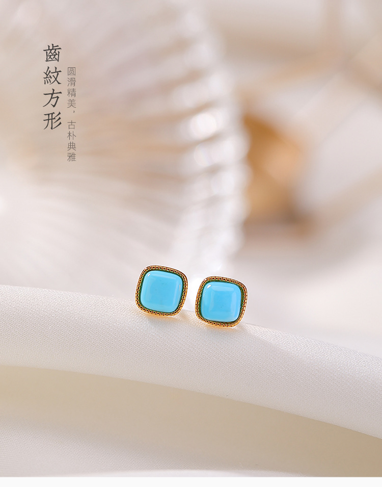 Bông tai bạc S925 mạ vàng đính ngọc lam hình học retro — Mẫu bạc chi tiết 2