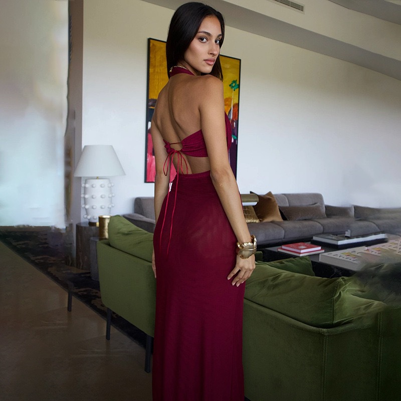 2024 verano nueva estación independiente de ropa de mujer europea y americana temperamento sexy cuello colgante delgado empalme mochila vestido de cadera