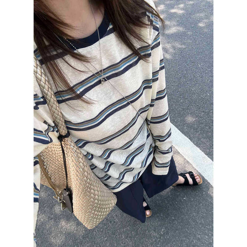 春秋chic韩版复古条纹撞色薄款长袖T恤女宽松慵懒夏日防晒衫上衣|undefined