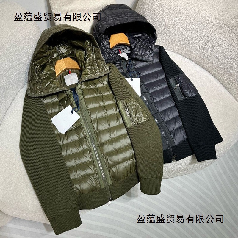 European Goods 2024 New Hooded down Jacket Men's Winter Fashion Splicing Knitted Sleeve Cardigan Outer Mongolia Short Top