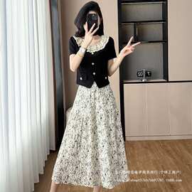 时尚套装2026夏季荷叶边拼接新款显瘦气质上衣碎花半身裙两件套女