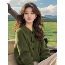 绿色翻领套头针织衫女早秋季韩系别致上衣宽松遮肚子毛衣外套