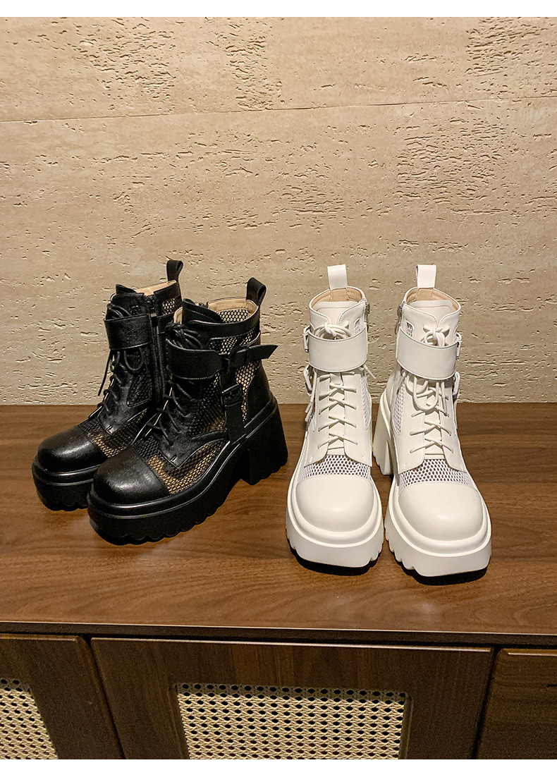 Boot nữ cao gót lưới xuyên thấu phong cách biker, gót thô 9 cm, thoáng khí — màu đen, màu trắng chi tiết 19