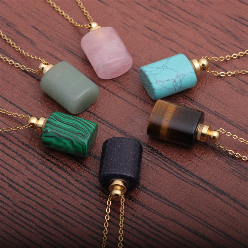 Fashion semi-precious stone flat cylindrical perfume bottle necklace