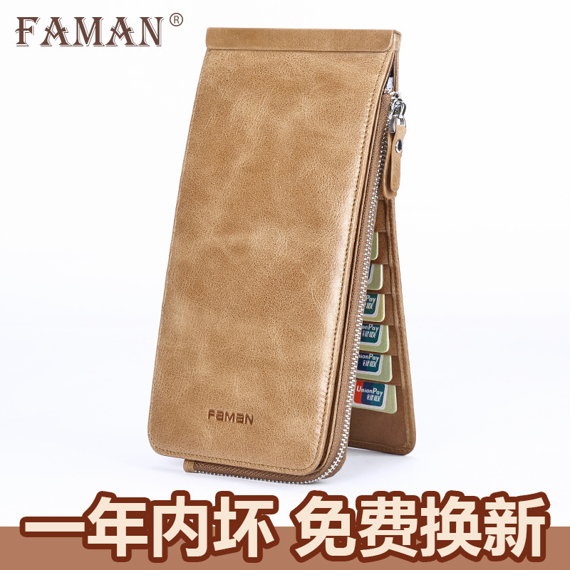 Cartera de cuero para hombre Cepillo antirrobo antimagnetizante Cartera de teléfono móvil Cartera de tarjeta Bolsa de una pieza Cartera de tarjeta Cartera de banco de gran capacidad