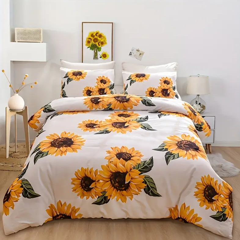 TEMU / JIT Cross-Border Home Visit Fresh Sunflower HD Digital Printed Edred Kit de ropa de cama