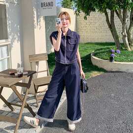 又酷又飒的穿搭牛仔套装女2026夏季新款今年流行马甲阔腿裤两件套