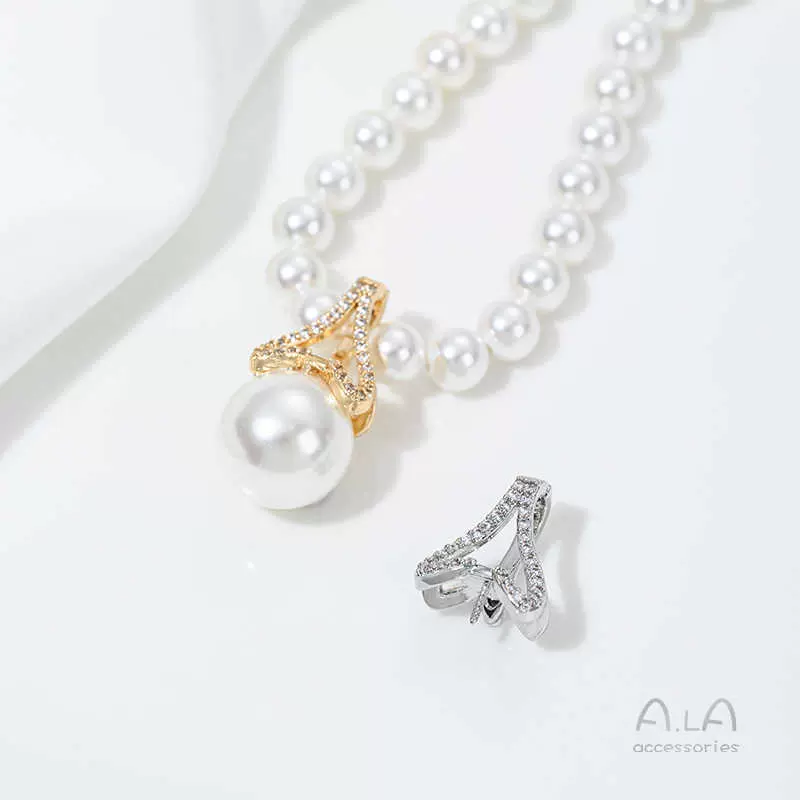 保色14K包金镶锆石万能扣鱼尾珠托吊坠diy手工粘珍珠项链挂坠配件