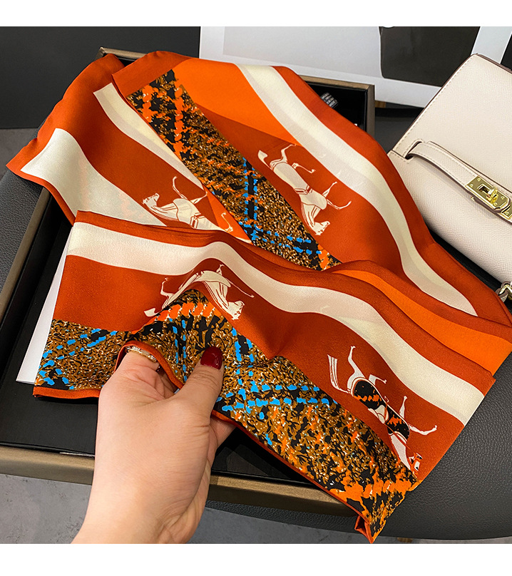 Spring And Autumn Thin Retro Stitching Horse Orange Simulation Silk Satin Long Silk Scarf display picture 5