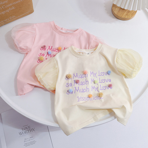 Girls T-shirt summer short-sleeved tops mesh puff sleeves children's Korean version of Western letter half-sleeve baby summer clothing trendy