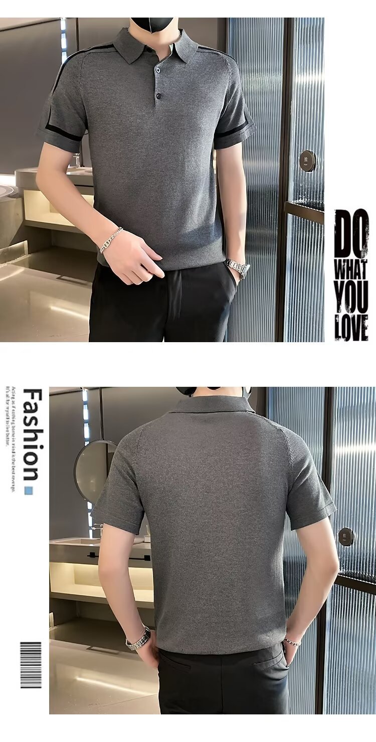 Herr polo randig kort ärm slim fit stickad sommartröja_voghion.com