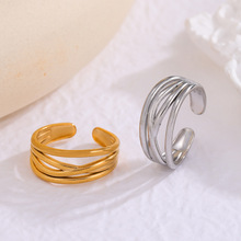 欧美跨境简约叠交线条不锈钢戒指女开口可调节轻奢小众钛钢戒指