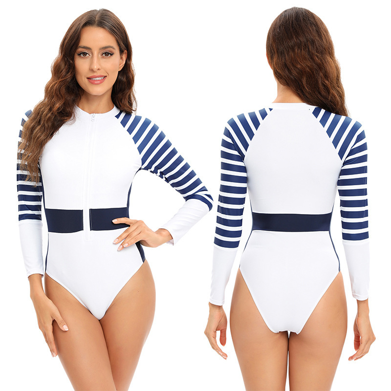 European and American 2024 large size swimsuit long sleeve zipper surfing suit striped diving suit patchwork color one-piece swimsuit wholesale