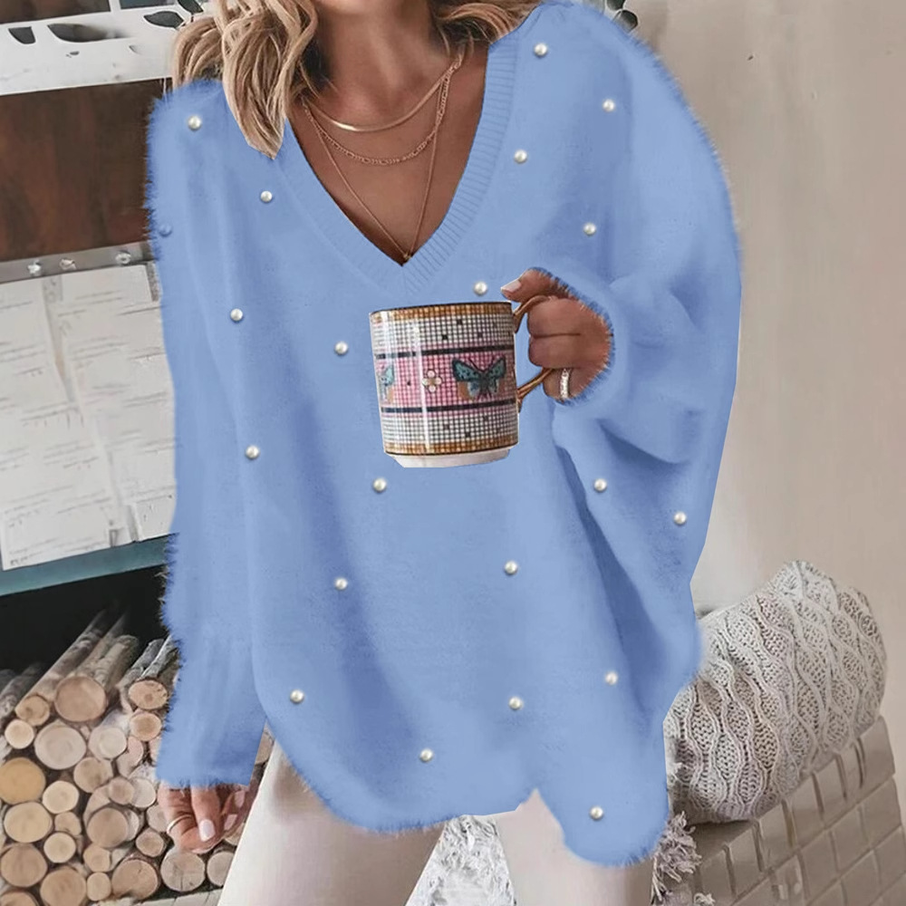 Amazon Independent Station 2025 Autumn and Winter New Large Size Women's Casual Solid Color V-Neck Beaded Sweater