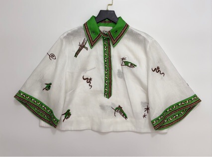 ALEM@IS  Contrast Green Collar Embroidered Short Linen Shirt Top