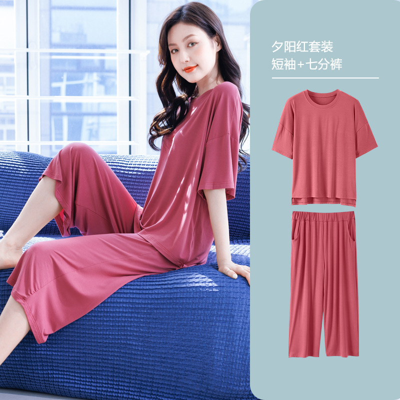 Pajamas Women's Summer Modal Solid Color Large Size Home Suit Spring and Summer Korean-style Short-sleeved Capri Pants for Outer Wear
