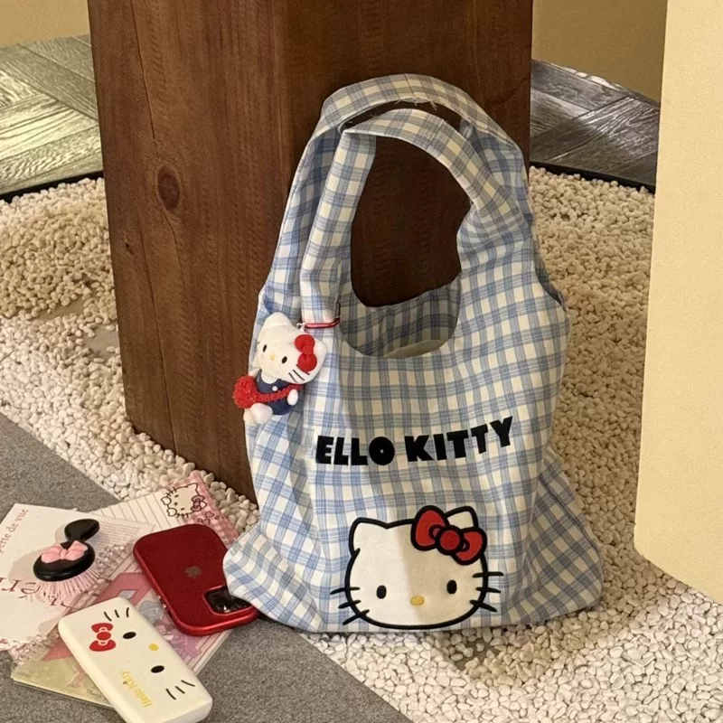 Льняная сумка‑тоут через плечо в клетку, принт Hello Kitty, вместительная летняя сумка, лёгкая
