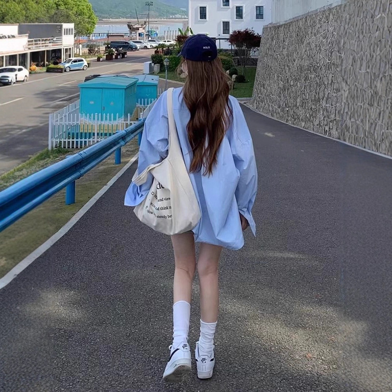 Blue Long-Sleeved Shirt 2025 Spring and Autum Korean Style Loose Silhouette Versatile Casual Cotton Sun Protection Shirt Jacket