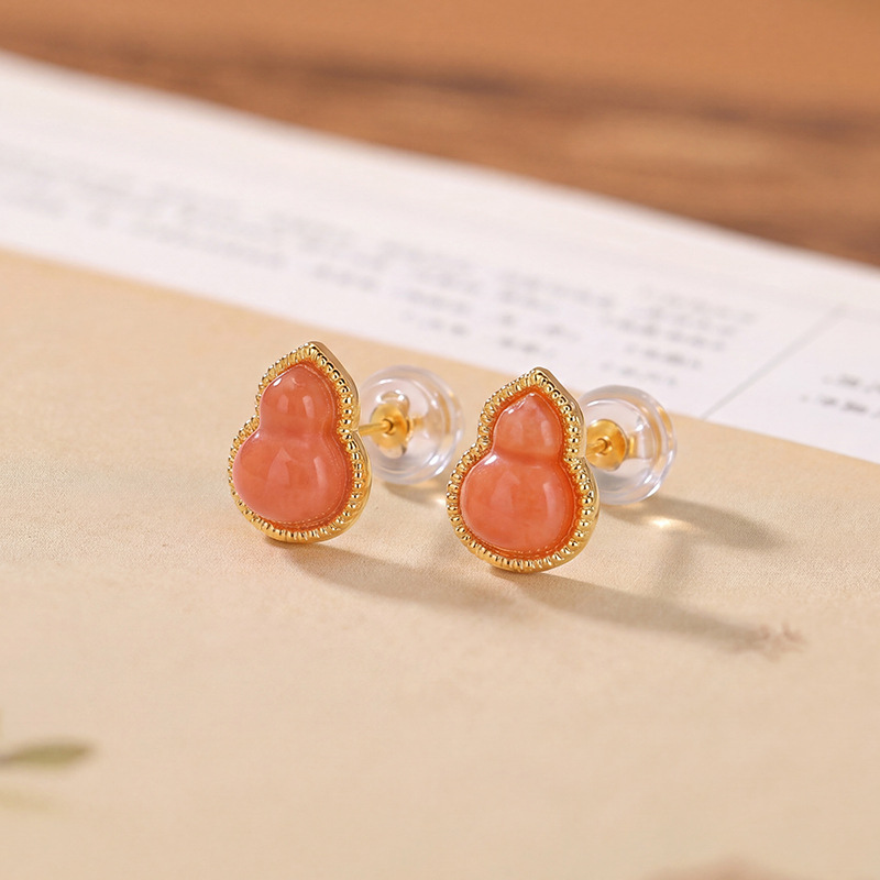 Bông tai bạc S925 đính đá hồ lô mã não mật sáp phong cách Trung Quốc — Mẫu Emerald
