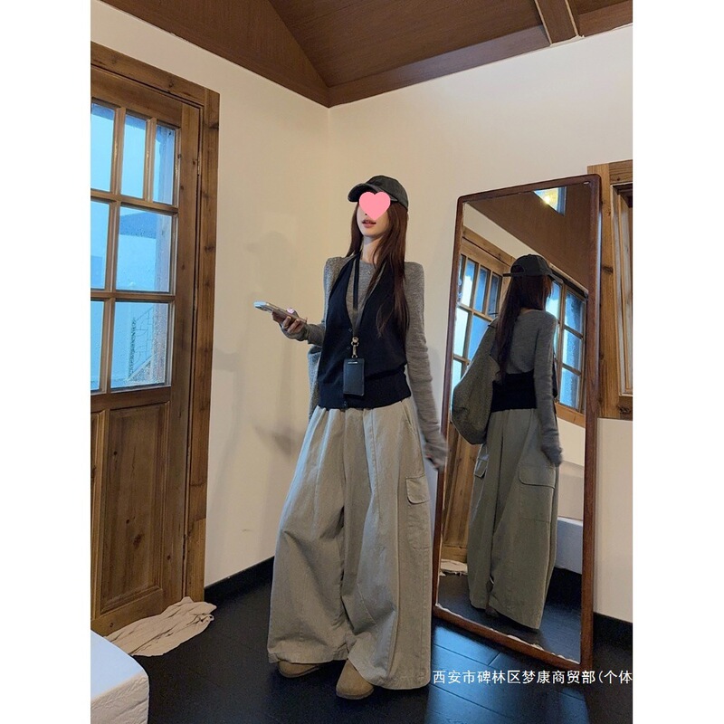 跨境时尚套装灰色长袖针织衫叠穿挂脖背心女秋季垂感拖地休闲裤三|undefined
