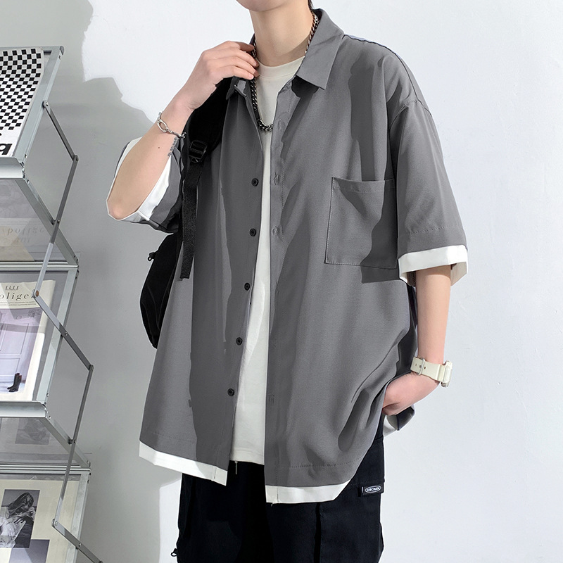 2023 New Men's Youth Colorblock Short-sleeved Shirt Jacket Casual Loose Fashion Printed Fake Two-piece Shirt for Men