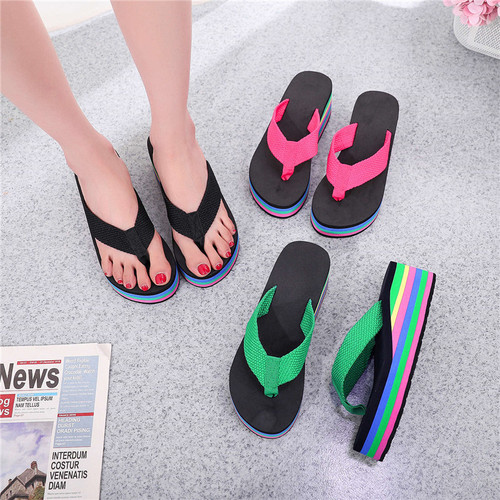 Summer rainbow thick-soled sandals and high heels Internet celebrity slippers women's flip-flops women's colorful outer wear women's shoes casual beach