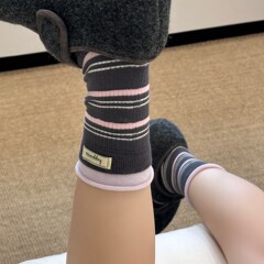 早秋氛围感韩系ins条纹撞色竖条纹中筒春秋布标拼接双螺口堆堆袜