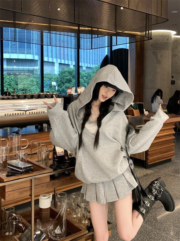 韩系慵懒松弛感v领连帽卫衣女春秋薄款宽松oversize简约长袖上衣|undefined