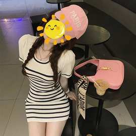 夏季条纹小香风针织短袖连衣裙女修身T恤裙子显瘦气质甜辣包臀裙