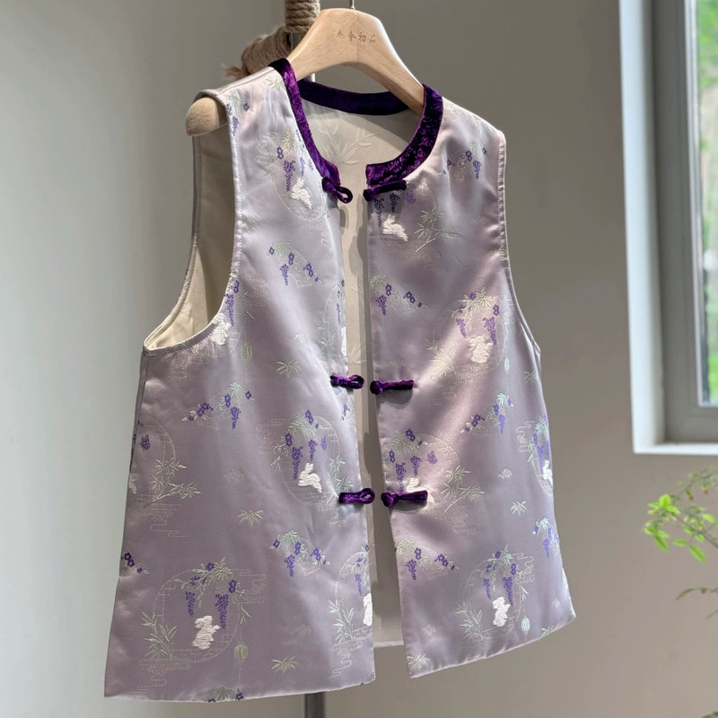 Весна 2025, новый стиль, новый жилет в стиле шинуазри, лавандовый жилет, верхний жилет из атласа, улучшенный костюм Тан, молодежный стиль, китайский стиль для женщин