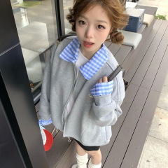 韩系学院风卫衣开衫外套女宽松显瘦休闲百搭拼接格纹撞色翻领上衣