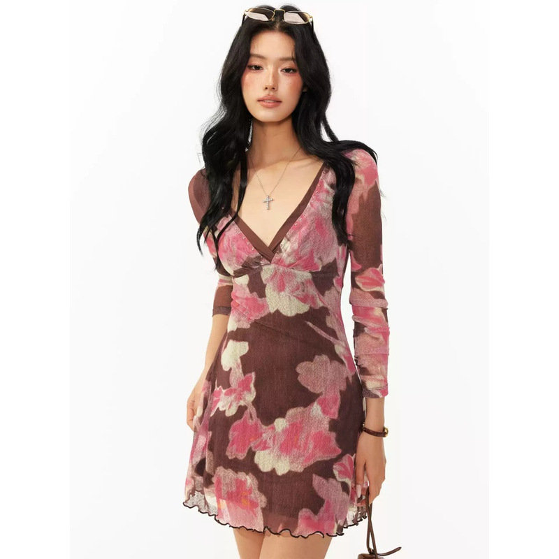 4muggle brown long-sleeved, waist-cinching, printed A-line midi dress for women, summer French retro style dress 4muggle brown long-sleeved, waist-cinching, printed A-line midi dress for women, summer French retro style dress