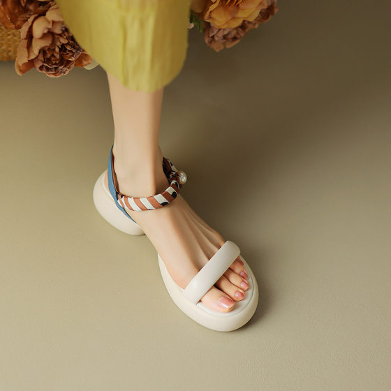 Open Toe Platform Platform Strap Sandals Women's Genuine Leather 2024 New Summer Colorblock Heel Ribbon Roman Shoes