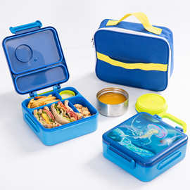 跨境便携可分格儿童午餐盒食品级塑料学生饭盒上班族带饭袋便当盒