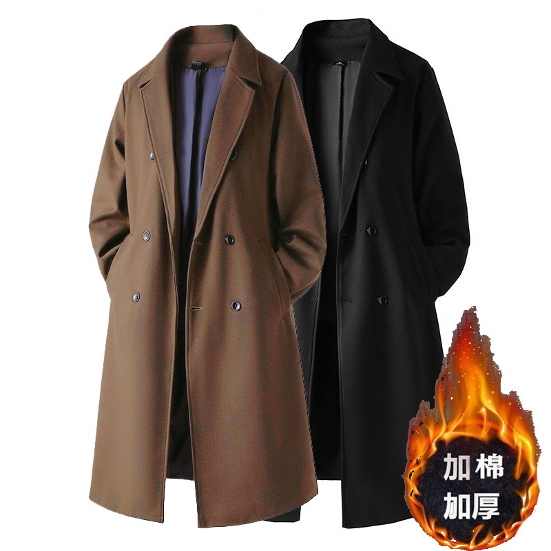 Autumn and Winter Thickened Double-Breasted Over-The-Knee Long Woolen Coat for Men, Double-Breasted Coat with a High-End Feel, Trench Coat Style Autumn and Winter Thickened Double-Breasted Over-The-Knee Long Woolen Coat for Men, Double-Breasted Coat with a High-End Feel, Trench Coat Style