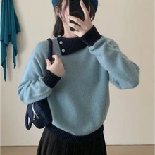 韩版翻领套头软糯针织毛衣女秋冬新款撞色时尚宽松百搭设计感上衣